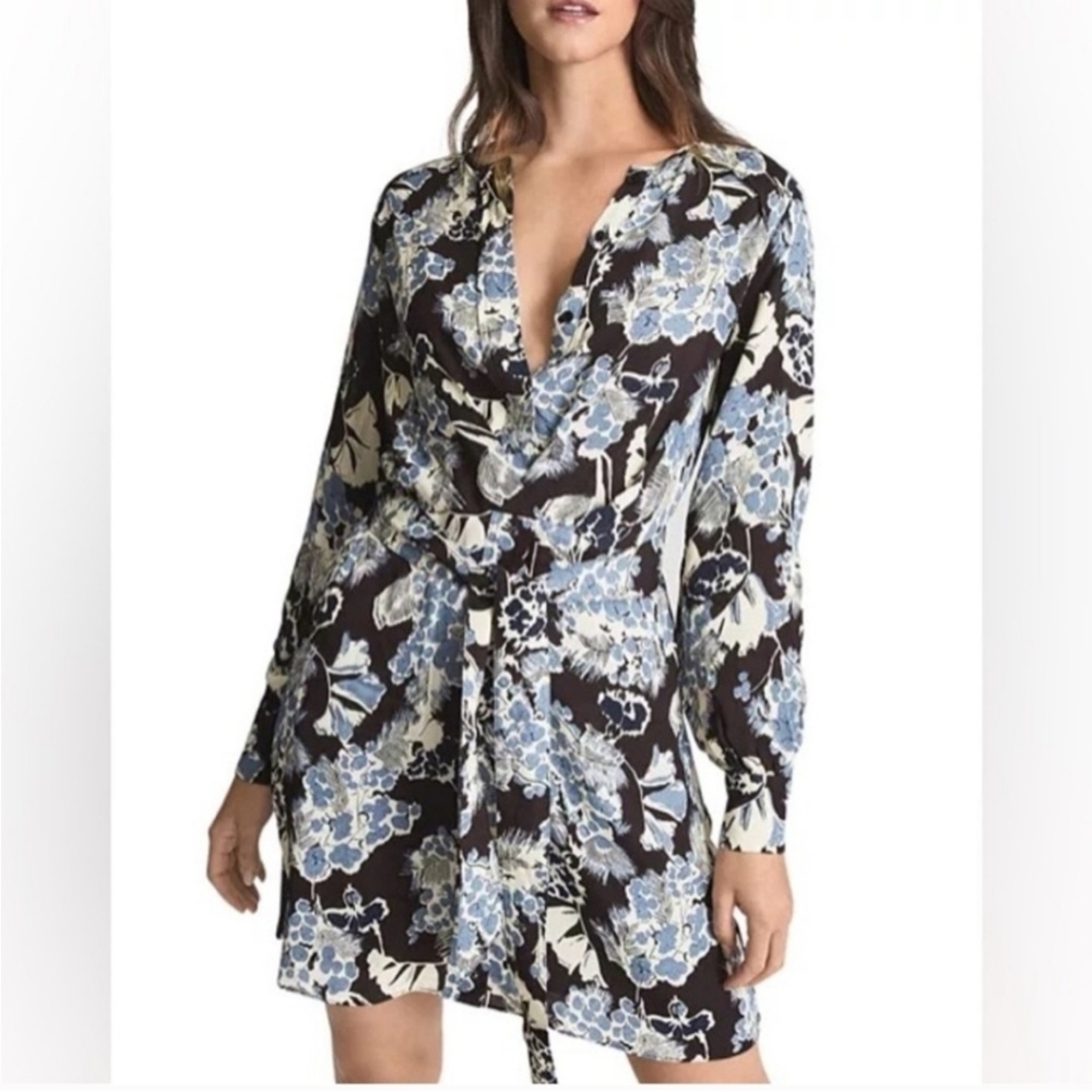 Reiss Abbie Blue Floral Longsleeve Tie Waist Mini Dress Size 6 Date Night Casual